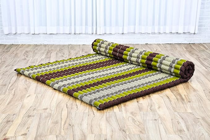 Leewadee - Foldable Floor Mattress - Japanese Roll Up Futon -Trifold Tatami Mat- Guest Floor Bed - Camping Mattress - Thai Massage Mat, Kapok Filled, 75 x 57 inches, Brown Green - Bloomnest