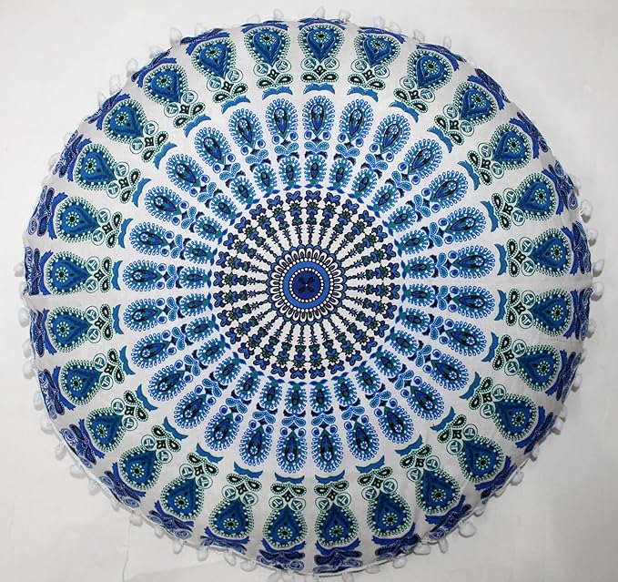 CRAFT KALA Large Round Bohemian Floor Pillow Pouf Cover Mandala Meditation Room Pillow Cover for Adults Boho Seating Poufs Cushion Cover for Kids Playroom 32" Round Green Sky Peacock - Bloomnest