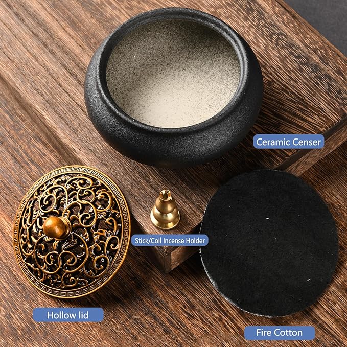 Ceramic Incense Burner with Incense Stick Holder,Use for Stick/Coil Incense,Sage, Mosquito Incense and Charcoal,Handmade for Cleansing House Negative Energy & Other Smudging Rituals (Black) - Bloomnest