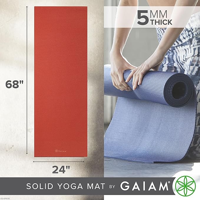 Gaiam Yoga Mat - Premium 5mm Solid Thick Non Slip Exercise & Fitness Mat for All Types of Yoga, Pilates & Floor Workouts (68" x 24" x 5mm) - Bloomnest