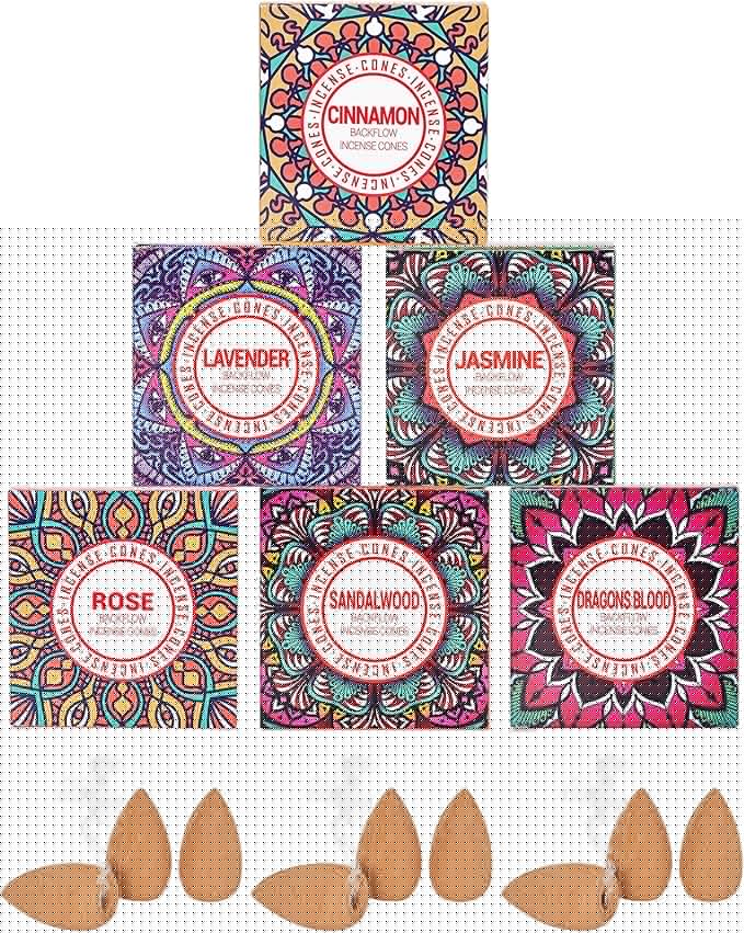 Backflow Incense Cones - Set of 6 Natural Scents - Sandalwood, Lavender, Jasmine, Cinnamon, Rose, Dragons Blood for Purification, Relaxation, Yoga, Meditation Pavocristatus