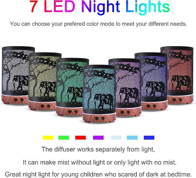 Essential Oils Diffuser,Aromatherapy Diffuser,Birthday Gifts for Women Mom Grandma,Metal Cool Mist Humidifier with 7 Colors Lights Waterless Auto Off Air Diffusers（Elephant） - Bloomnest