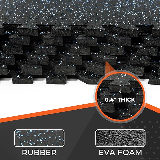 SUPERJARE 0.4'' Thick 12 Pcs 48 Sq Ft Rubber Top Exercise Equipment Mats, High Density EVA Foam Mats with Rubber Top, Interlocking Gym Flooring for Home Gym, Protective Workout Mat, Black/Blue - Bloomnest