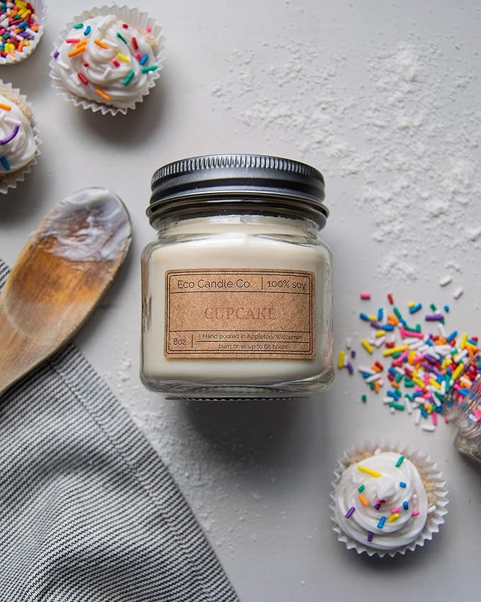Eco Candle Co. Mason Jar Candle, Cupcake, 8 oz. - Scents of Yellow Cake & Icing - 100% Soy Wax, No Lead, Kraft Label & Antiqued Pewter Lid, Hand Poured, Made from Midwest Grown Soybeans - Bloomnest