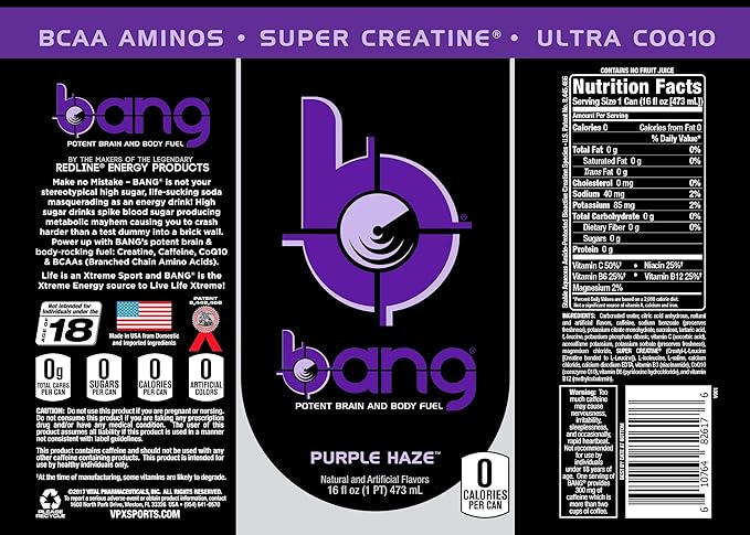 Bang Energy Purple Haze, Sugar-Free Energy Drink, 16 Ounce (Pack of 12) - Bloomnest