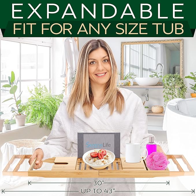 SereneLife Premium Bathtub Tray Caddy, Expandable Bath Tray, Unique House Warming Gifts, Gift for Mom, Women, New Home, Wedding, Anniversary, Bridal Shower, Universal Fit for All Tub - Classic - Bloomnest