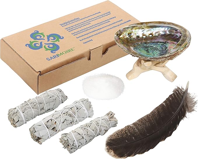 Sage Smudge Kit - White Sage Smudge Sticks - 4in ~ Abalone Shell 5-6in ~ 2in Tripod Stand ~ 9-12in Feather and White Sand - Bloomnest