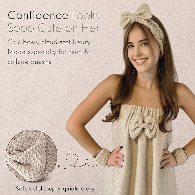 Happy Lolli Power Shower Gift Set – College Essential Bath Accessories for Women and Teen Girls – Includes Body Towel, Hair Towel, Wrist Bands, Headband, Face Sponge and More (Fresh in Beige)