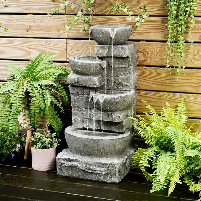 Teamson Home 33.25 in. Cascading Bowls and Stacked Stones LED Outdoor Water Fountain for Gardens, Landscaping, Patios, Balconies, and Lawns for a Calming Oasis in Outdoor Living Spaces, Stone Gray - Bloomnest