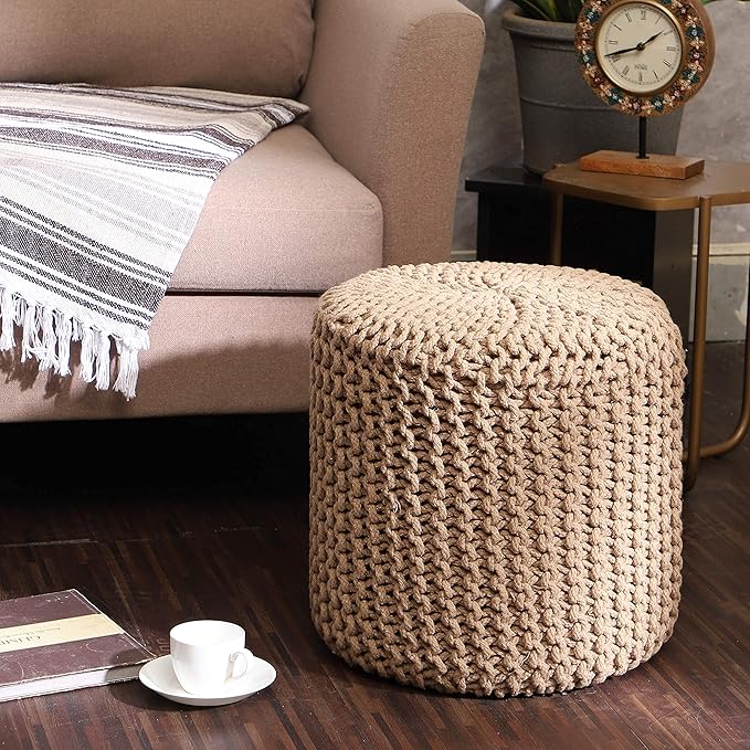 REDEARTH Pouf Ottoman - Cylindrical Knitted Poof - Cord Boho Pouffe - Cotton Round Foot Stool Puff for Home Decor - Living Room - Nursery - Bedroom - Patio - Lounge (16" x 16" x 16") - Beige - Bloomnest
