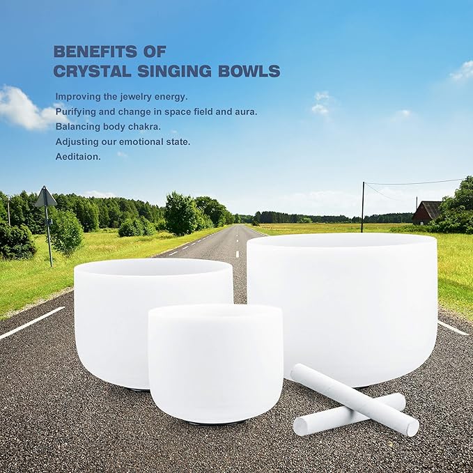 RYAN DVAN 8-12 Inch Set of 3 pcs Crystal Singing Bowl with Sound Bowl Case and Suede Striker O-Ring For Promotes Peace Chakra Healing and Mindfulness (8-12 inch, 3pcs White Singing Bowls) - Bloomnest