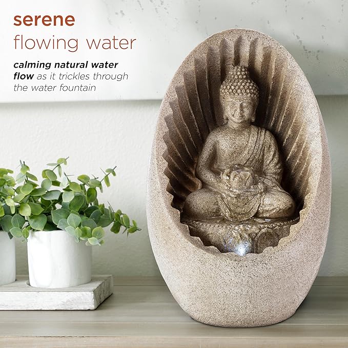 Alpine Corporation WIN322 Indoor/Outdoor Tabletop Buddha Fountain with LED Lights, Soothing Buddha Garden Fountain 11", Beige - Bloomnest