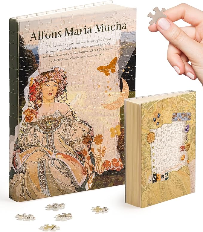 PieceRelax A5 Puzzle Journal for Adults, 300 Piece Plastic Jigsaw Book Cover (Includes Notebook) - Alphonse Mucha - Reverie Diary, Unique Gift [YA1057] - Bloomnest
