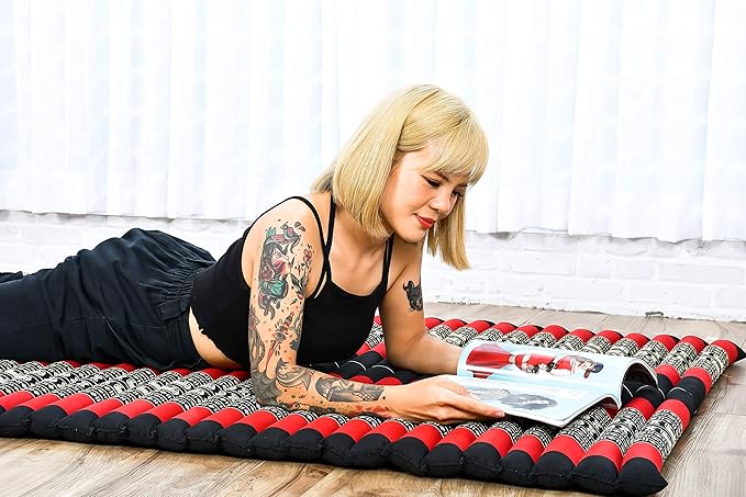 Leewadee - Kapok Roll Mat – Handcrafted Folding Sleep & Relaxation Mattress from Thailand, Ideal as Guest Bed, Camping Mat, Yoga Mat or Traditional Futon, 75 x 39 inches, Black Red - Bloomnest