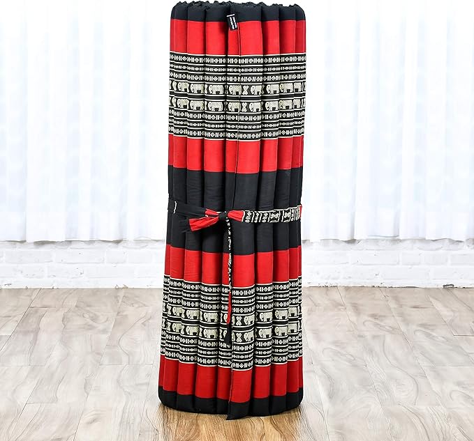 Leewadee - Kapok Roll Mat – Handcrafted Folding Sleep & Relaxation Mattress from Thailand, Ideal as Guest Bed, Camping Mat, Yoga Mat or Traditional Futon, 75 x 39 inches, Black Red - Bloomnest
