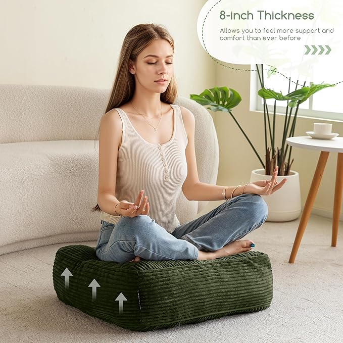 8" Washable Floor Pillow Cushion for Adults, Meditation Cushion Pillow, Large Square Floor Sitting, Removable Tufted Corduroy Cover, for Tatami Living Room or Yoga, 22x22 Inch, 2Pack, Machine Washable - Bloomnest