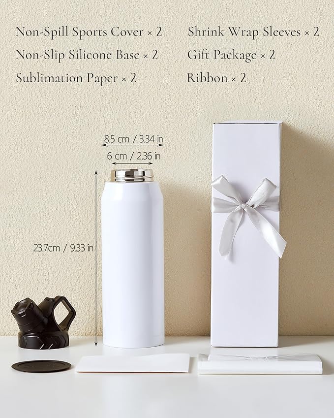 2 Pack 32 OZ Sublimation Water Bottle Blanks in Bulk, Stainless Steel Insulated Sports Tumbler Cups with Polymer Coating for Heat Transfer, with Lid, Coaster, Keepsake Box, Sublimation Paper - Bloomnest