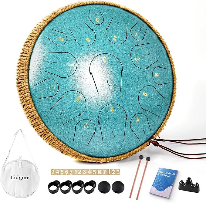 Steel Tongue Drum - 14 Inch 15 Note Tongue Drum - Hand Pan Drum with Music Book, Handpan Mallets and Carry Bag, C Major, Malachite Green - Bloomnest