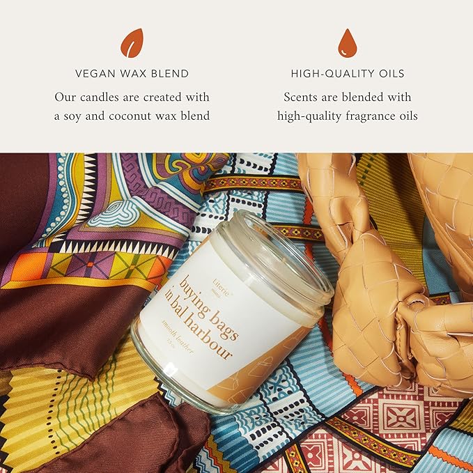 Literie Miami Inspired Scented Candle: Buying Bags in Bal Harbor - Smooth Leather Scent, 7.5oz, 40 Hour Burn, Vegan Soy & Coconut Blend Candle for Home Decor, Gift for Women & Men - Bloomnest