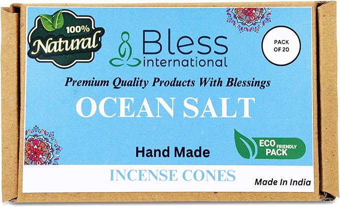 Bless International Ocean-Salt 100%-Natural-Incense-Cones Handmade-Hand-Dipped Organic-Chemicals-Free for-Purification-Relaxation-Positivity-Yoga-Meditation The-Best-scents (20 Count) BlessInternational