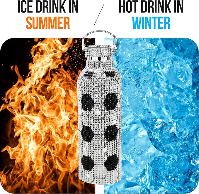 Liquid TuNes Soccer Bling Water Bottle Stainless Steel Thermal Bottle, Insulated Refillable Glitter Water Bottle with Chain, Great Gift Idea for Girls(500ml/16.9 oz) - Bloomnest