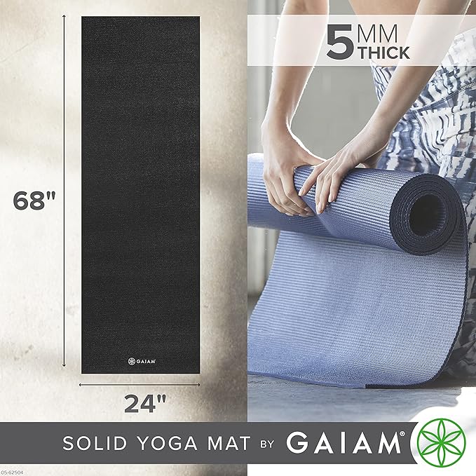 Gaiam Yoga Mat - Premium 5mm Solid Thick Non Slip Exercise & Fitness Mat for All Types of Yoga, Pilates & Floor Workouts (68" x 24" x 5mm) - Bloomnest