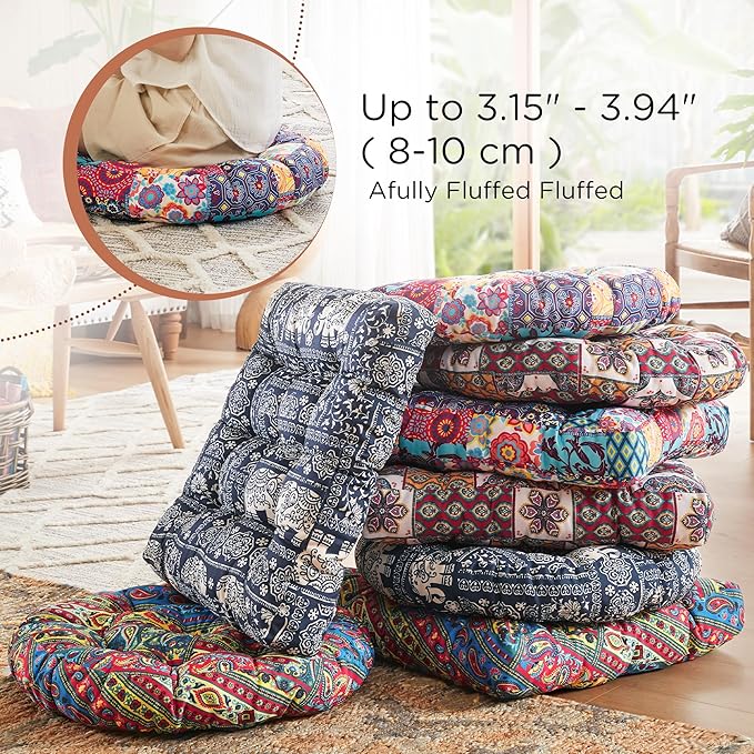 Codi Meditation Floor Pillow Set of 2, Boho Pillows Seating for Adults and Kids, Large Cushion for Yoga Living Room Tatami Sitting, Memory Foam Added, 22x22 Inch, Round Multi Patchwork - Bloomnest