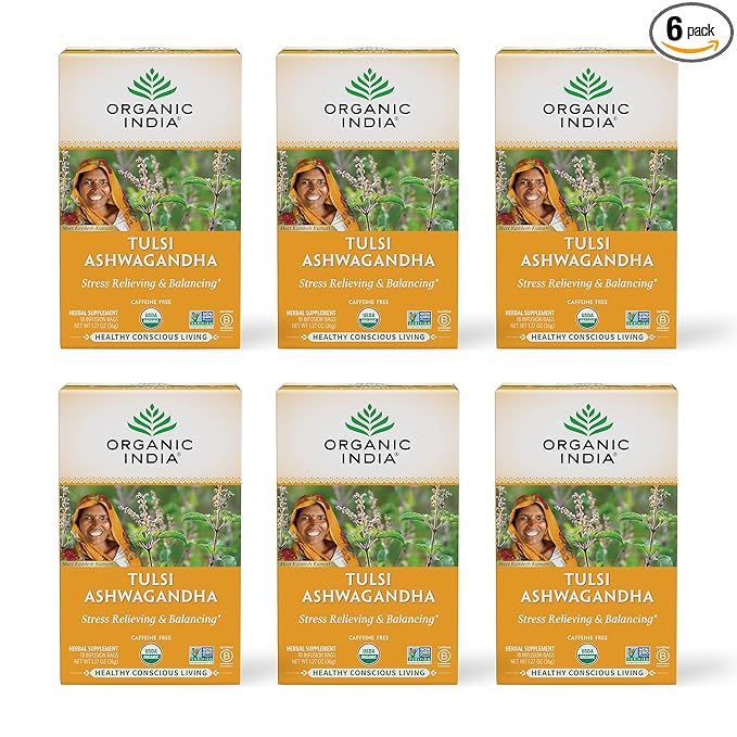 ORGANIC INDIA Calming Tulsi Ashwagandha Tea - Organic Tea Bags, Holy Basil, Vegan, USDA Certified Organic, Non-GMO, Caffeine Free - 18 Infusion Bags, 6 Pack - Bloomnest
