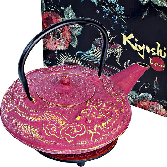 Large Cast Iron Tea Kettle Set - 40oz/1200ml Japanese Teapot with Infuser & Matching Trivet - Tetsubin Iron Tea Pot Japanese Style with Enamel Interior - Handcrafted Dragon Teapot Humidifier - Purple