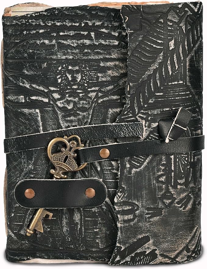 LEATHER VILLAGE Genuine Leather Handmade Journal for Men & Women – Vitruvian Man Embossed Cover – Key Closure – Book of Shadow – Vintage Deckle Edge Paper for Writing, Drawing – 7x5 Inches – Black - Bloomnest