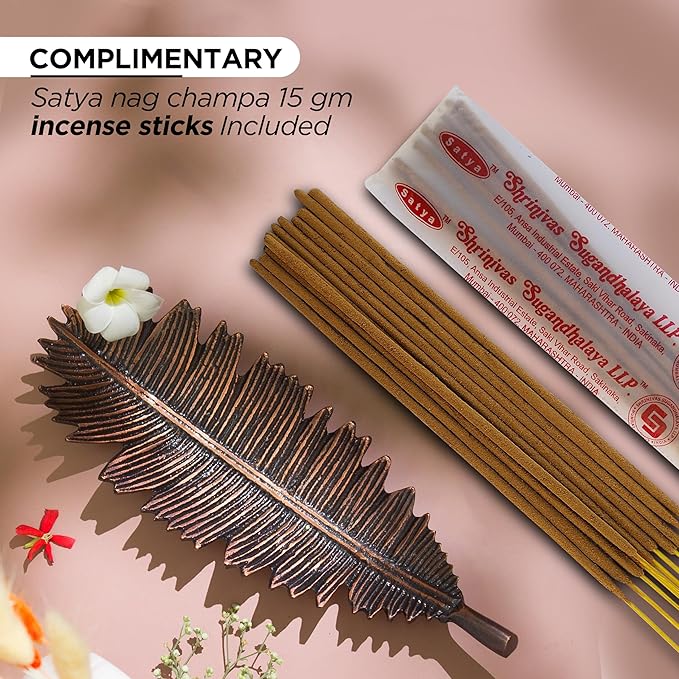 Raajsee Incense Holder Set With Nag Champa Sticks 15gm, Leaf Stick Burner, Brass Burner, Modern Holder for Yoga, Meditation, Home Decor - Size 10x4 Inches Copper - Bloomnest