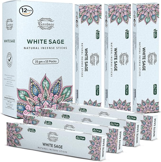 Raajsee White Sage Incense Sticks (180 gm), 100% Pure Organic Natural Hand Rolled Free from Chemicals - Perfect for Aromatherapy, Cleansing, Meditation, and Church (Pack of 12) - Bloomnest