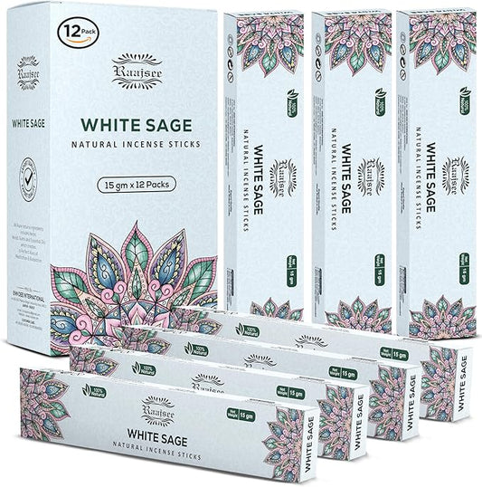 Raajsee White Sage Incense Sticks (180 gm), 100% Pure Organic Natural Hand Rolled Free from Chemicals - Perfect for Aromatherapy, Cleansing, Meditation, and Church (Pack of 12) - Bloomnest