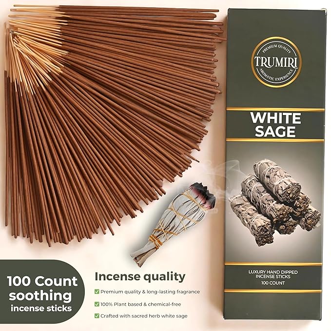 White Sage Incense Sticks - Pack of 100 Insence-Sticks for Cleansing Negative Energy - Made with Natural White Sage Smudge - Non Toxic Salvia Blanca Inciensos - Spiritual Insense Incents