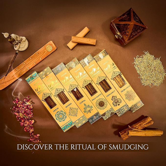 Himalayan Smudge Incense – 6 Fragrant Scents: Palo Santo, Copal, Myrrh, Cinnamon, Opium, Olibanum | 60 Sticks + 6 Dhoop | Masala Blend with Resins, Herbs & Essential Oils | Handcrafted Rushant