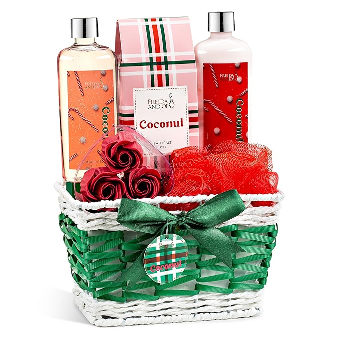 Coconut Spa Valentines Gift Basket Bath & Body Set with Shower Gel, Body Lotion, Bath Salts, Soap Flowers, Bath Sponge in a Wicker Basket (Red & Green Set) - Bloomnest