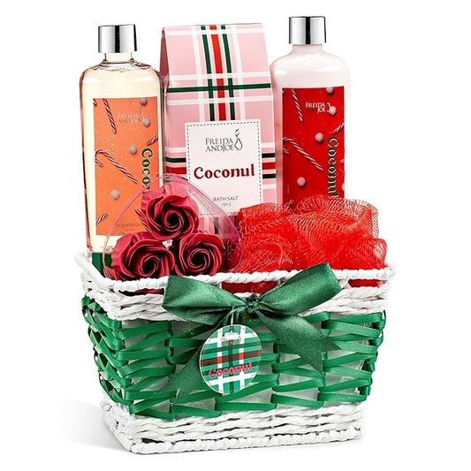 Coconut Spa Valentines Gift Basket Bath & Body Set with Shower Gel, Body Lotion, Bath Salts, Soap Flowers, Bath Sponge in a Wicker Basket (Red & Green Set) - Bloomnest