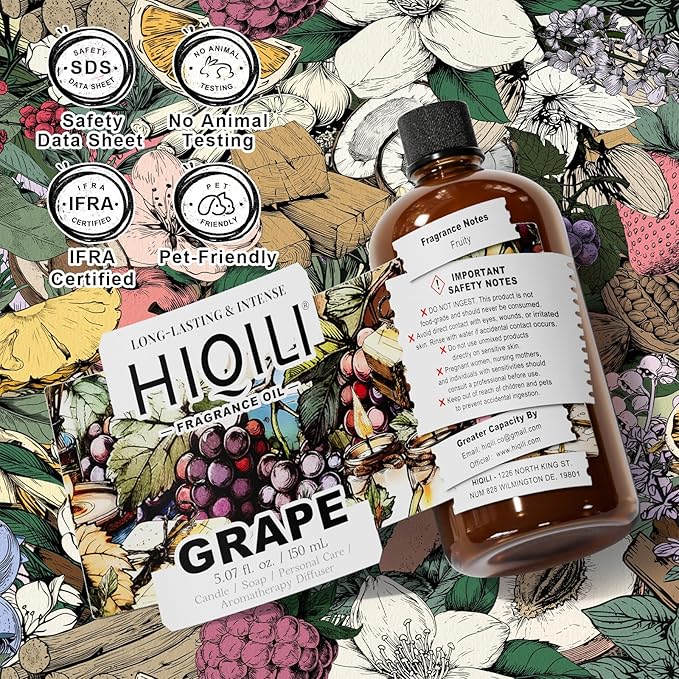 HIQILI Grape Fragrance Oil for Diffuser & Oil Burner, Fruity Scents for Making Candles, Hand Soap, Air Freshener, Long Lasting - 5.07 Fl Oz HIQILI