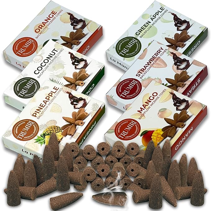 Fruity - Backflow Incense Cones for Waterfall - Scented Inscents-Cones - Pineapple, Strawberry, Coconut, Mango, Apple, Orange - Insiensos Aromaticos - 6x10=60 Large Variety Pack