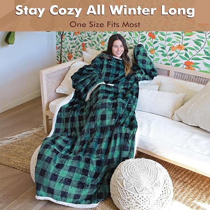 Tirrinia Sherpa Wearable Blanket With Sleeves, Full Body Throw Reading Wrap TV Blankets - Bloomnest