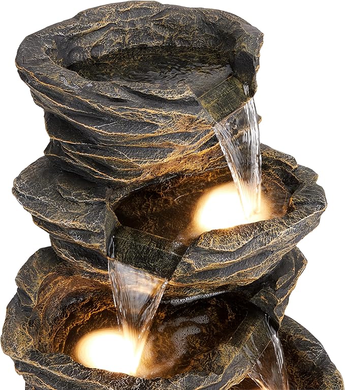 Alpine Corporation GIL110 Outdoor 5 Tiered Natural Look Rock Water Floor Fountain with Replaceable Lights,39" H, Brown - Bloomnest