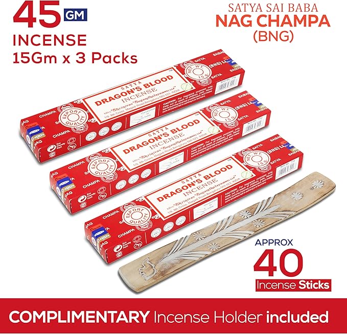 Satya Nagchampa Dragon Blood Incense Sticks, Satya Bng (Bangalore) Insenses 15gmx3 Pack (45 GMS) with Raajsee Incense Holder Bundle, Satya Nagchampa Natural Incense - Bloomnest