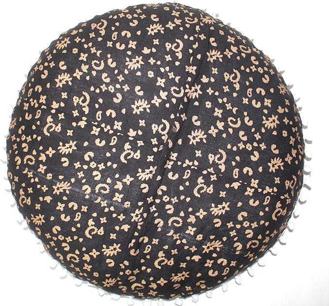 CRAFT KALA Large Round Bohemian Floor Pillow Pouf Cover Mandala Meditation Room Pillow Cover for Adults Boho Seating Poufs Cushion Cover for Kids Playroom Black Golden 32" Round - Bloomnest