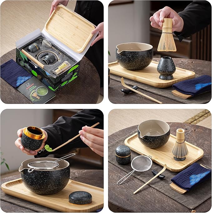 TEANAGOO Matcha Whisk Set,10 Pcs Complete Set Black,Matcha Kit for Ceremony,Matcha Tea Set with Tray,Matcha Whisk Set and Ceramic Bowl with Scoop&Sifter&Powder Jar,Gift for Matcha Lover - Bloomnest