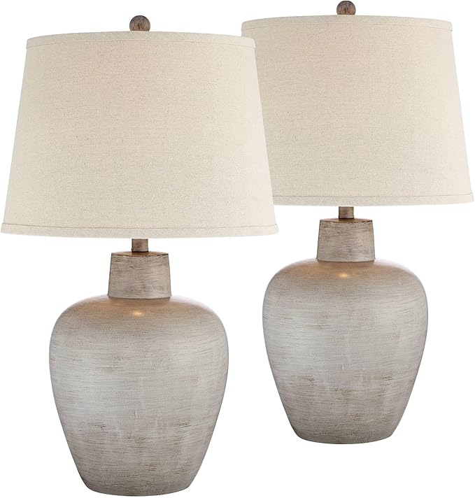 Regency Hill Glenn 27" Tall Urn Natural Cottage Southwestern Table Lamps Set of 2 WiFi Smart Socket Gray Terra Cotta Living Room Bedroom Bedside Nightstand House Office Home Reading Beige Shade - Bloomnest