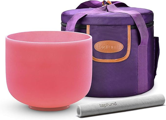 TOPFUND Pink F Note Crystal Singing Bowl 10 inch Heart Chakra with Heavy Duty Carrying Case and Suede Mallet