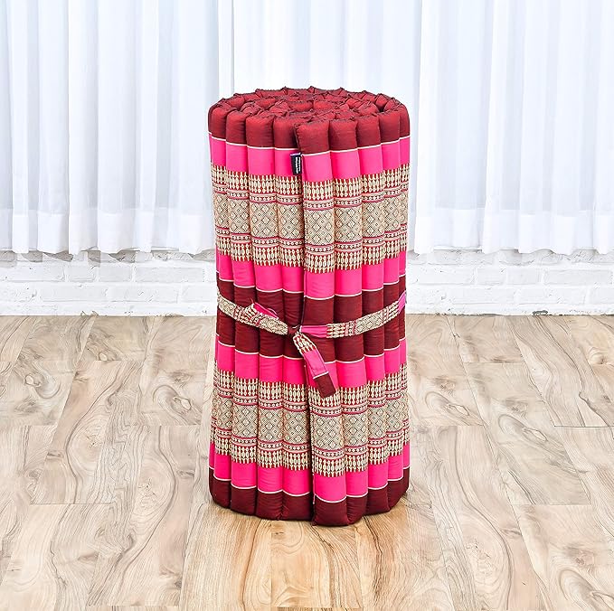 Leewadee - Foldable Floor Mattress - Japanese Roll Up Futon -Trifold Tatami Mat- Guest Floor Bed - Camping Mattress - Thai Massage Mat, Kapok Filled, 75 x 28 inches, Auburn Pink - Bloomnest