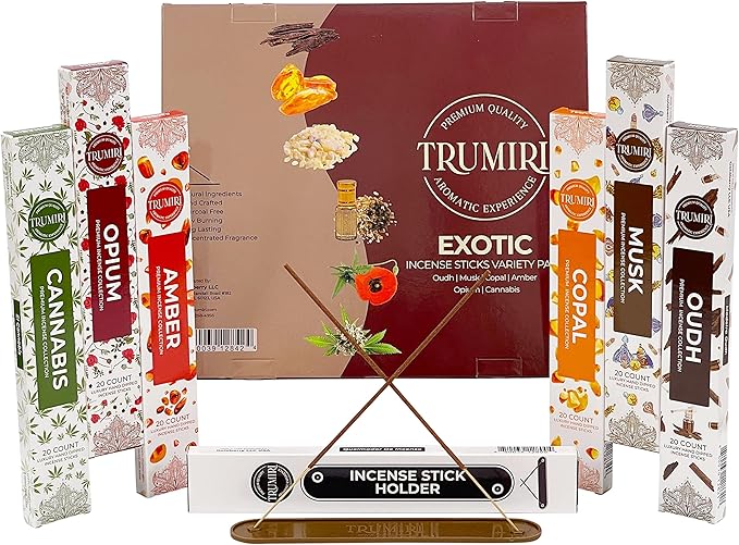 Exotic Incense Sticks Variety Pack - 120 Insence-Sticks (6 Incents x 20 Insense) - Copal Amber Oud (Agarwood) Musk - Natural Inscents-Sticks Non Toxic Incienso + Incense Holder for Men Women - Bloomnest