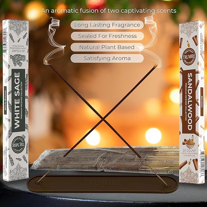 Trumiri Incense Combo Pack - 40 Sticks (20 White Sage + 20 Sandalwood) - All Natural