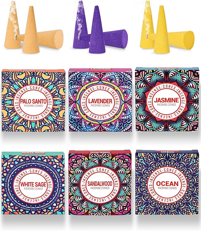 Incense Cones Set - Lavender, Jasmine, Sandalwood, Palo Santo, Rose, White Sage for Meditation & Yoga Pavocristatus
